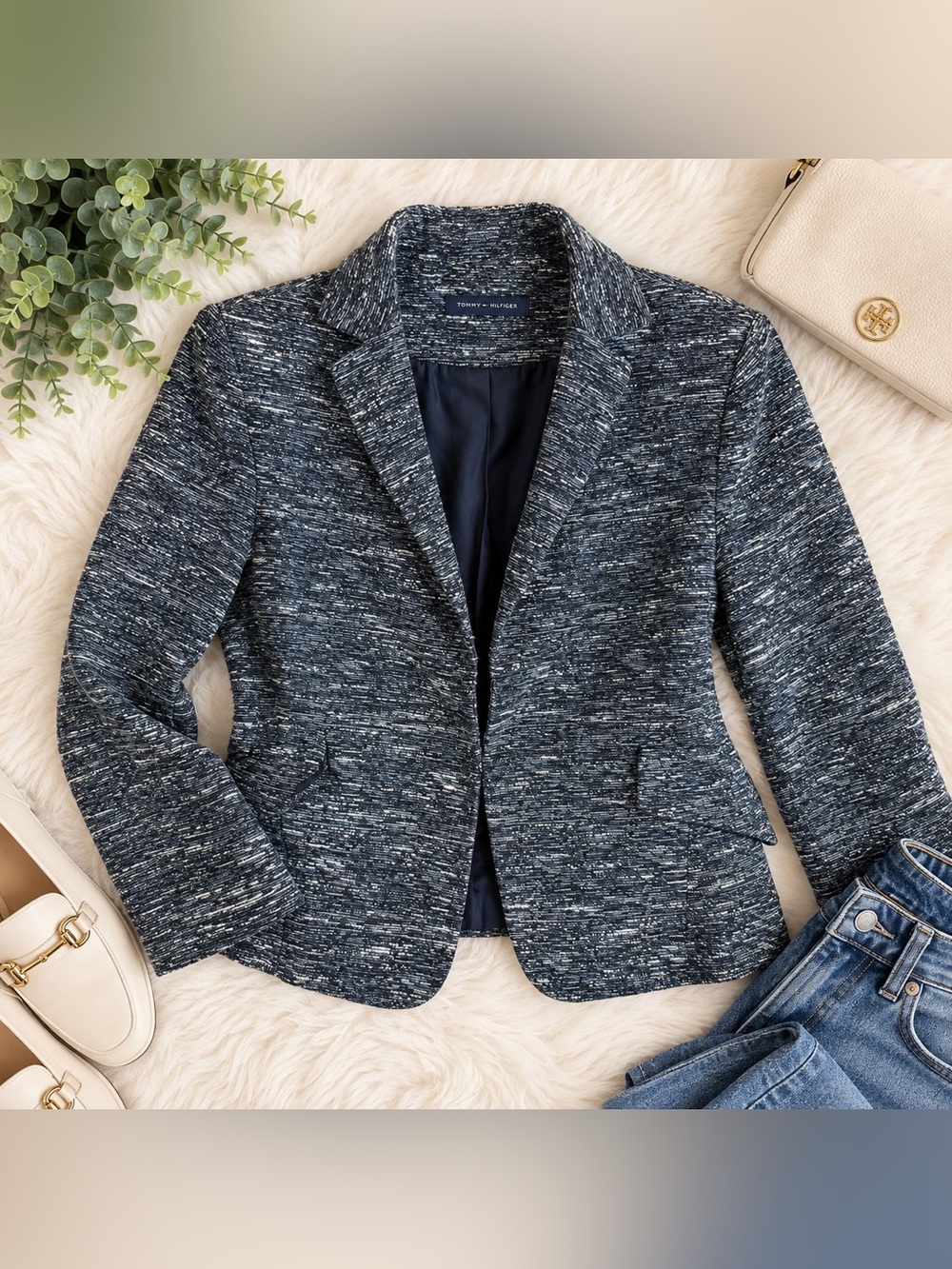 Tommy Hilfiger Textured Navy Blue Tweed Blazer Jacket
